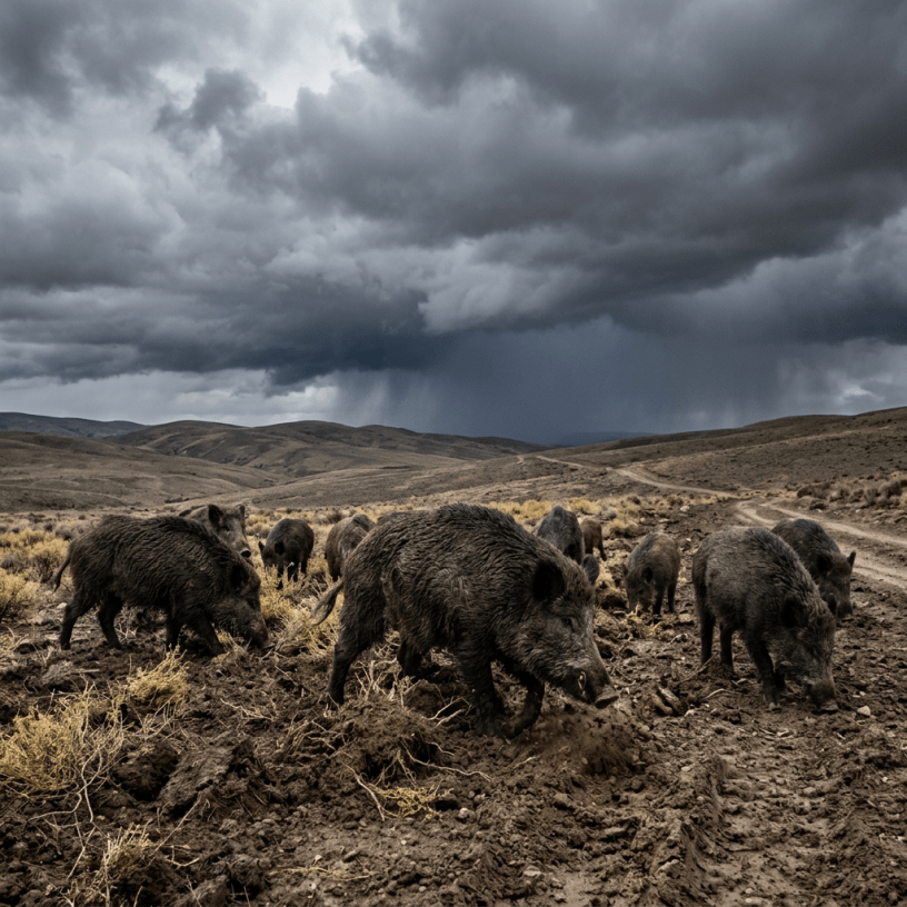 Wild boars foraging in dry soil with storm clouds overhead